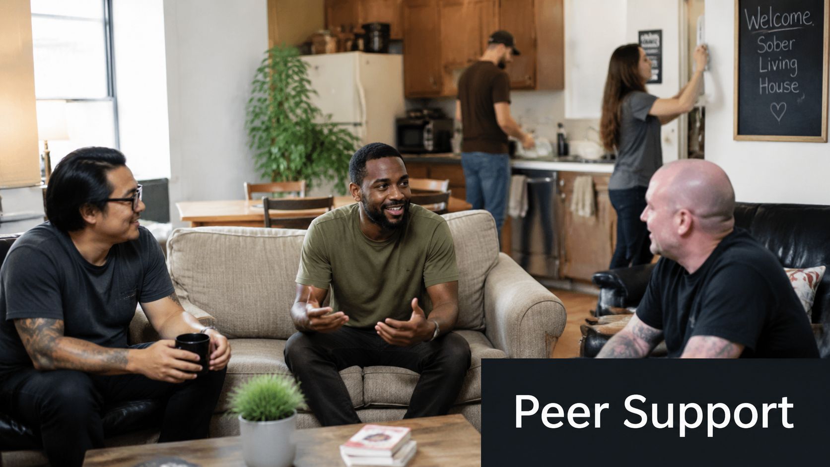 A group of adults having a supportive conversation in the living room of a sober living home.