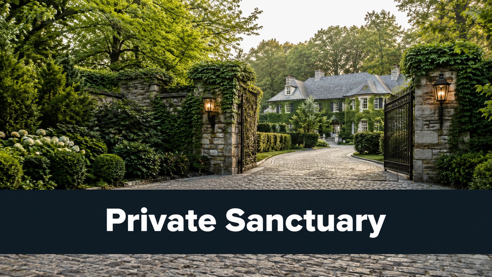 A grand gated entrance leading to a secluded luxury estate surrounded by lush greenery and trees.