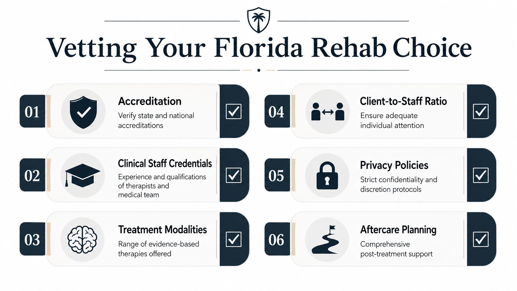 A checklist infographic titled Vetting Your Florida Rehab Choice outlining six key factors for selecting a rehabilitation center.