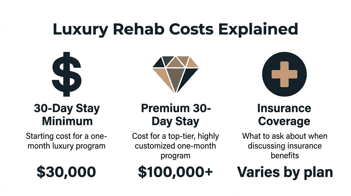 An infographic titled Luxury Rehab Costs Explained showing pricing tiers ranging from $30,000 to over $100,000.