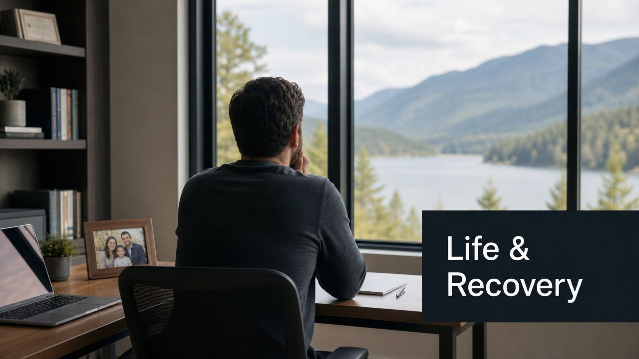 A man sits at a desk looking out a large window at a serene mountain lake.