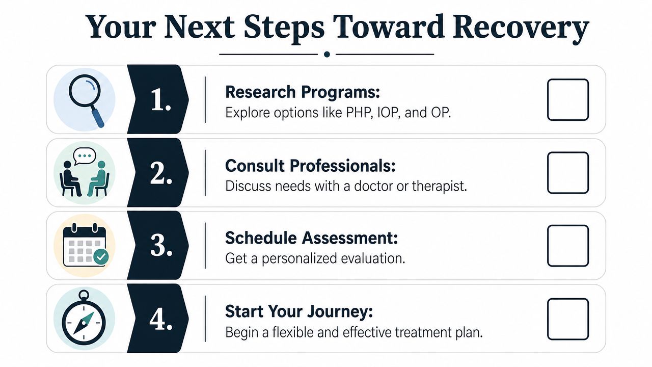 A checklist of four steps toward recovery for outpatient addiction treatment programs, displayed with icons and text.