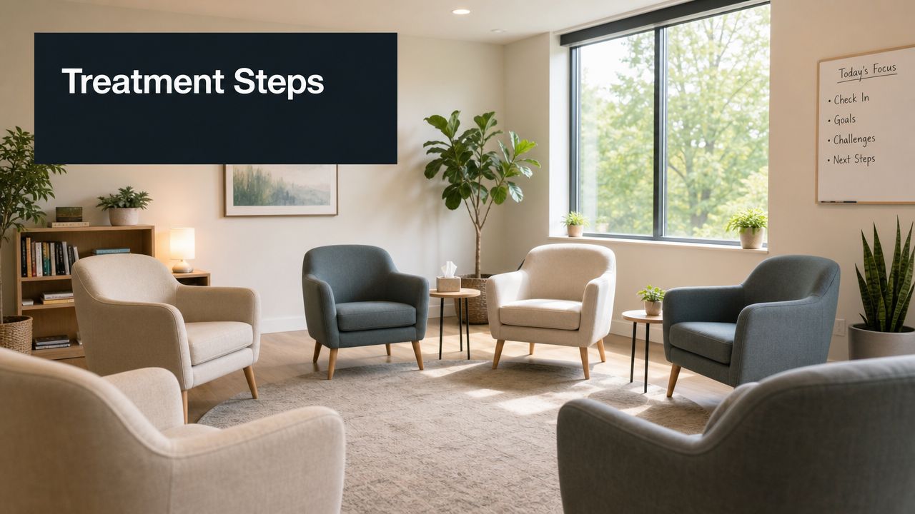 A cozy therapy room arranged with a circular set of chairs for outpatient addiction treatment counseling sessions.
