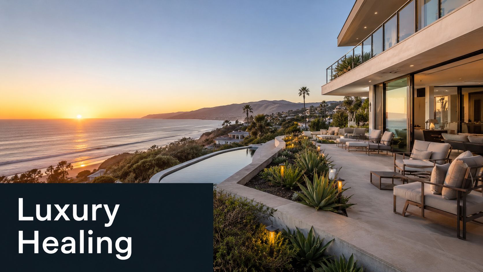 A luxurious coastal villa patio at sunset with an infinity pool overlooking the calm ocean.