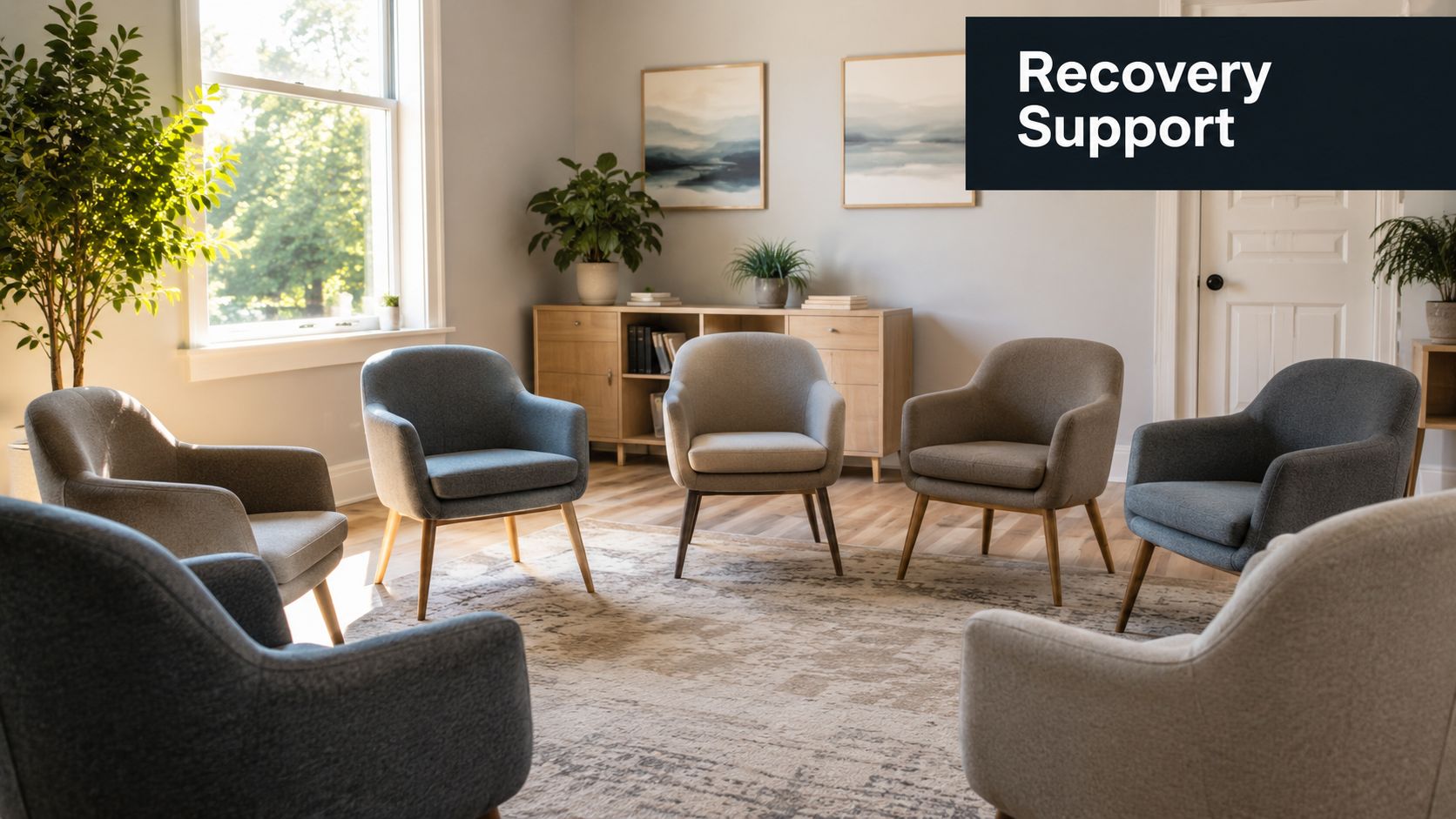 A brightly lit, modern room arranged with several comfortable chairs in a circle for support group meetings.