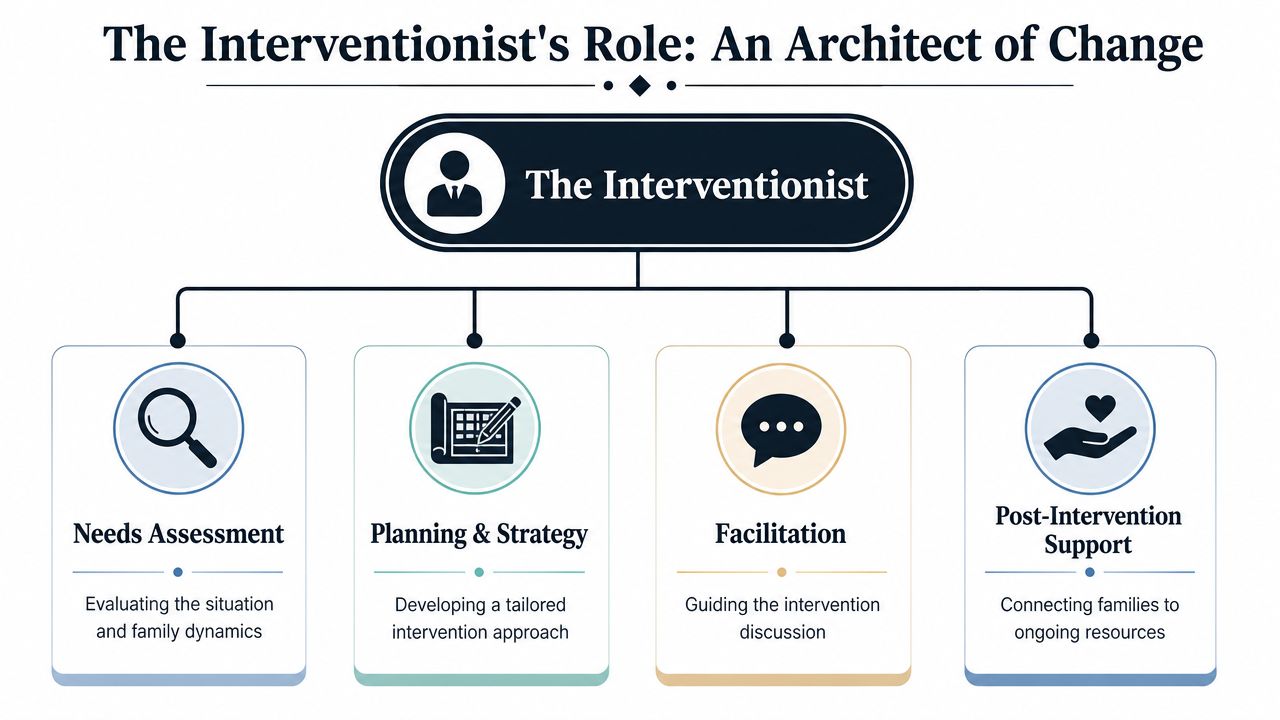 A diagram illustrating the four key roles of an interventionist in facilitating family change and support.