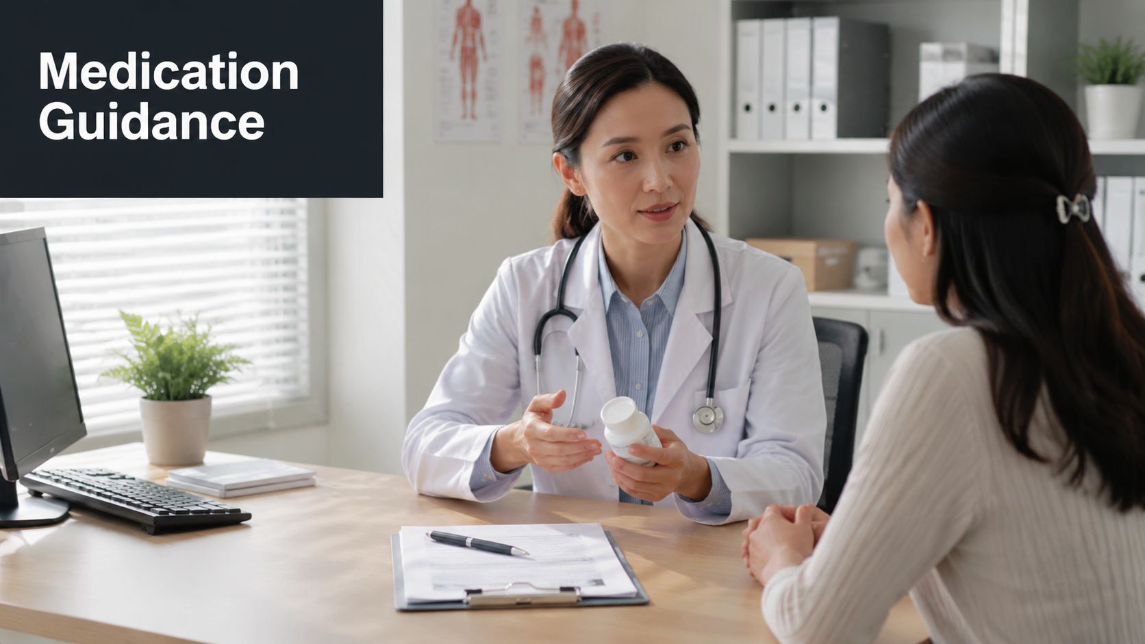 A female doctor in a white coat explains medication to her patient in a clinic office.
