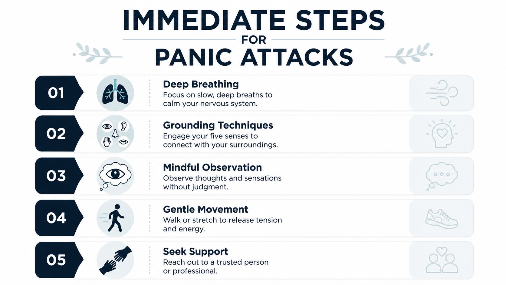 An infographic titled Immediate Steps for Panic Attacks outlining five helpful techniques to manage anxiety episodes.