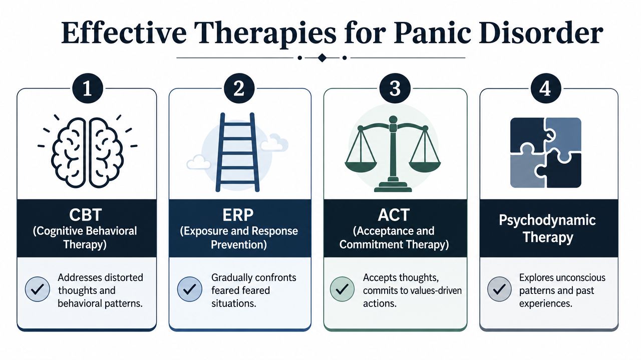 An infographic showing four effective therapies for panic disorder including CBT, ERP, ACT, and Psychodynamic Therapy.