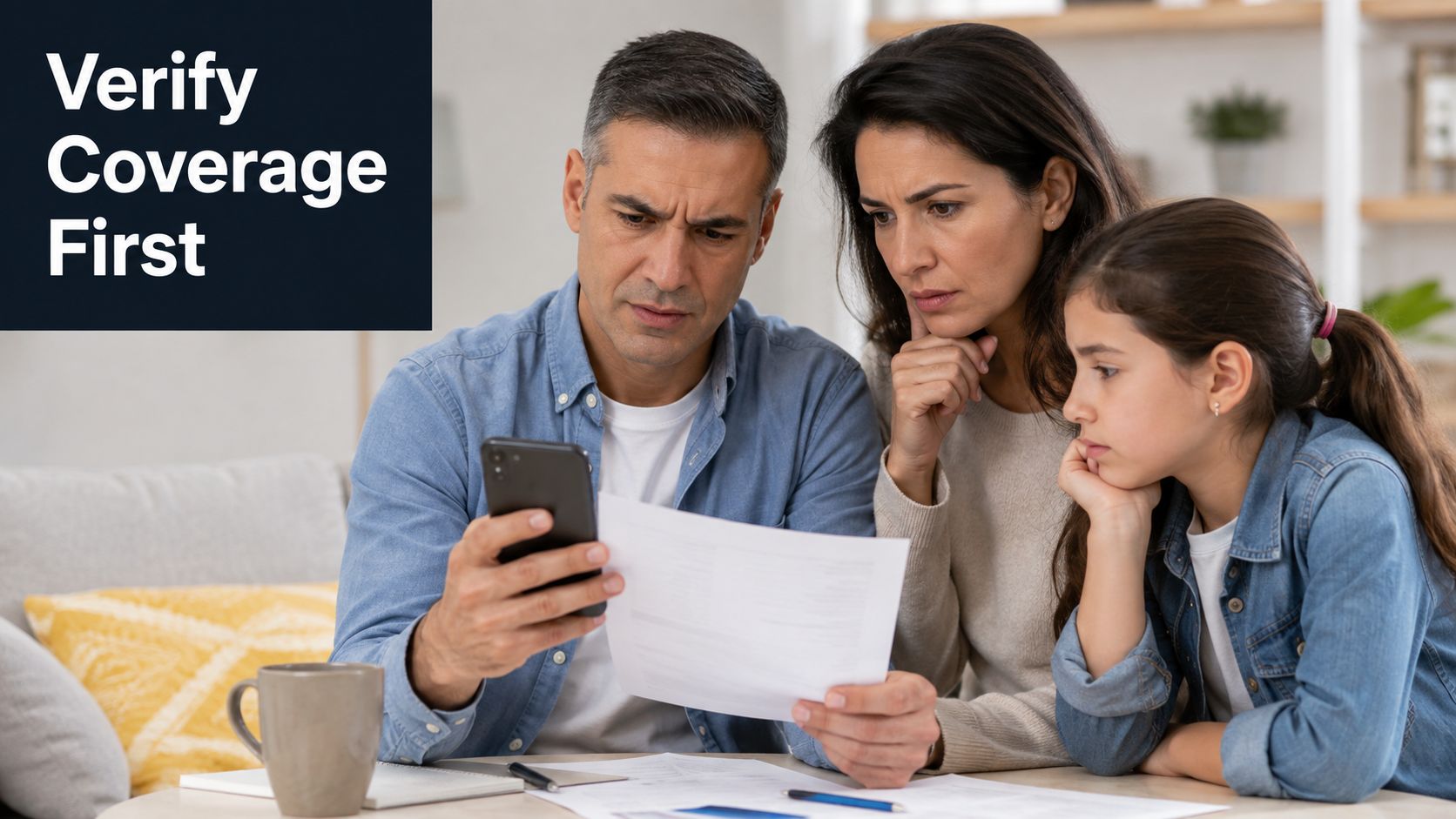 A concerned family reviews insurance documents while looking at a smartphone to verify their coverage.
