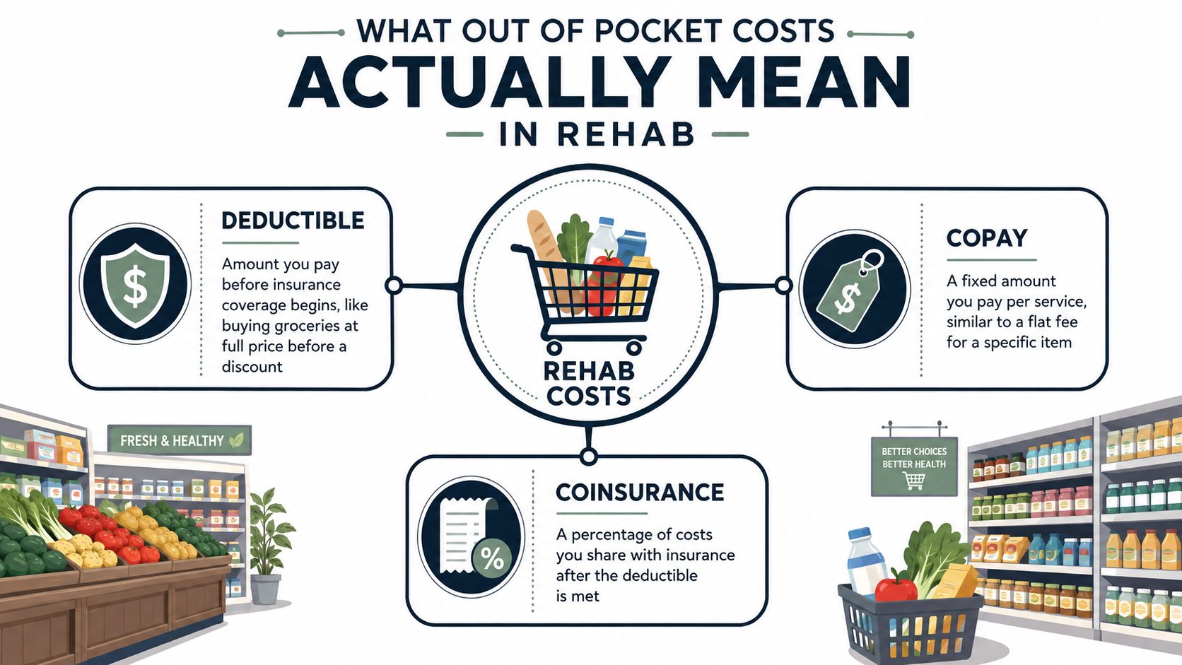 An infographic explaining insurance terms like deductible, copay, and coinsurance using a grocery store metaphor.
