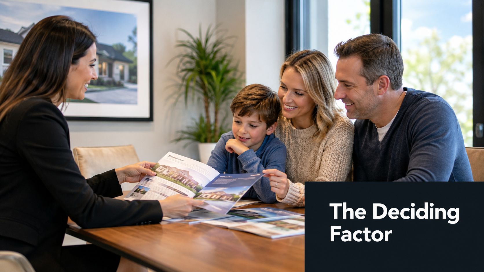 A professional real estate agent consults with a happy family, reviewing housing brochures at a table.