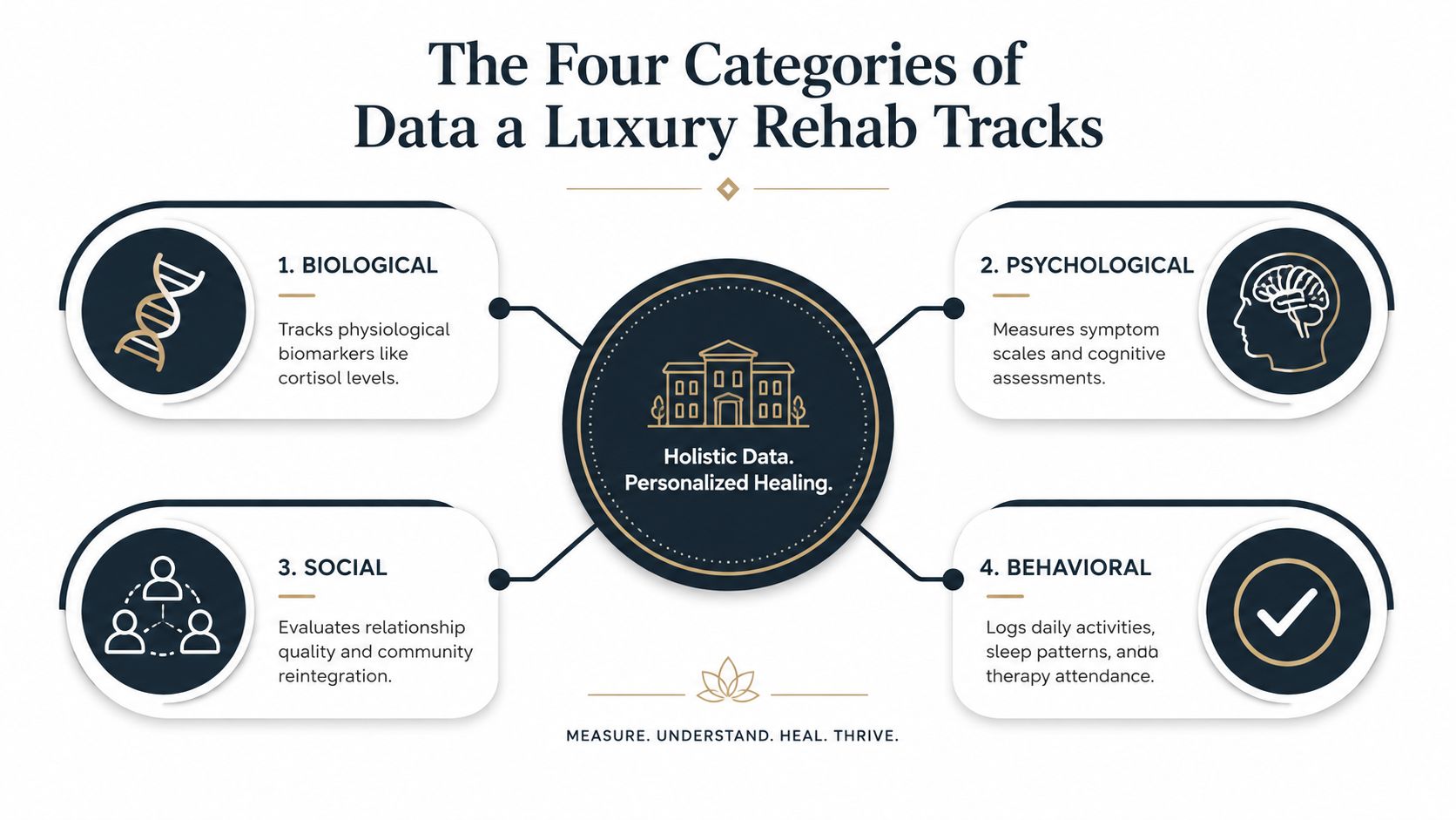 An infographic titled The Four Categories of Data a Luxury Rehab Tracks, showing biological, psychological, social, and behavioral data.