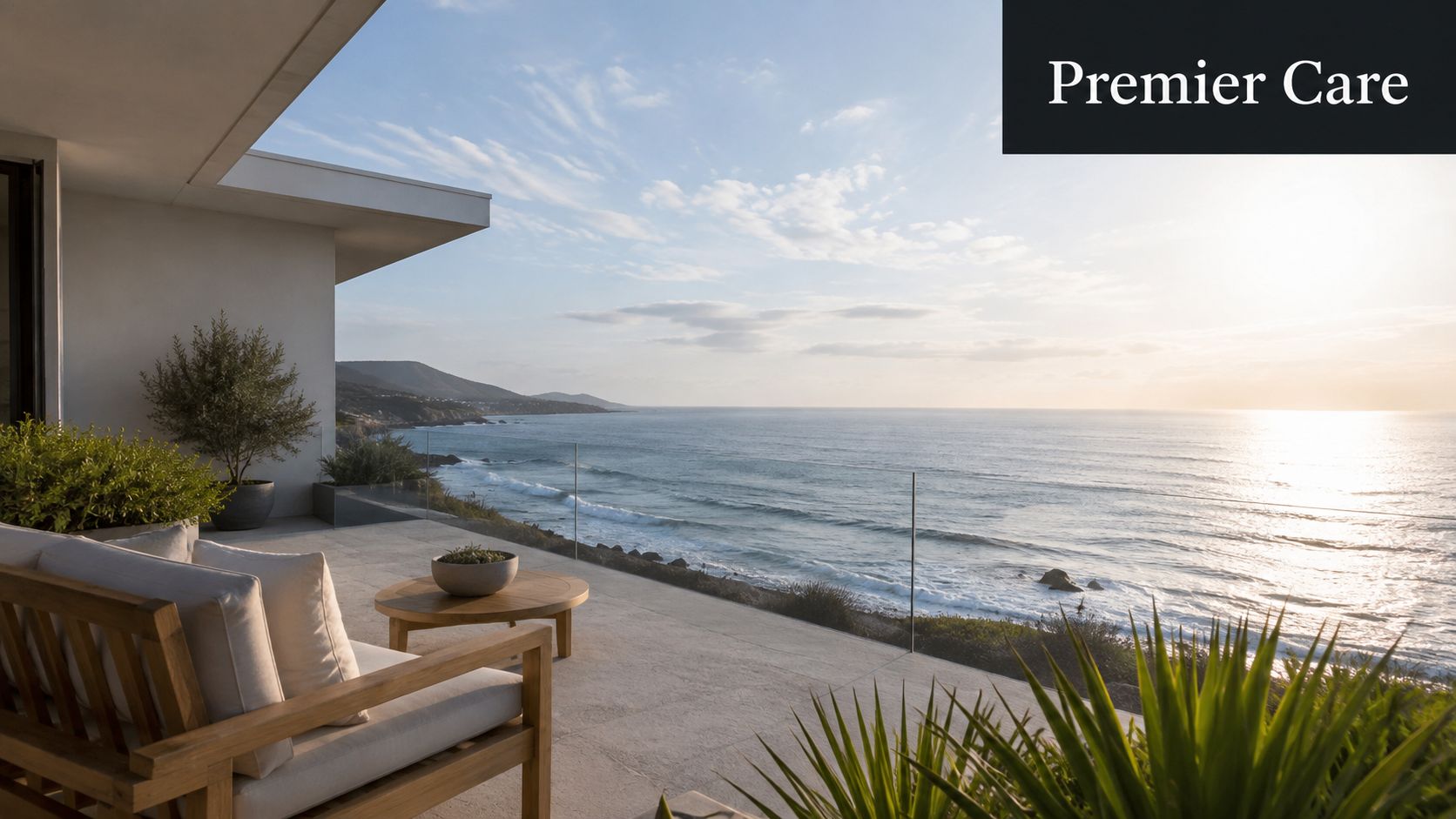 A modern terrace with outdoor seating overlooking a serene ocean sunset at a luxurious coastal villa.