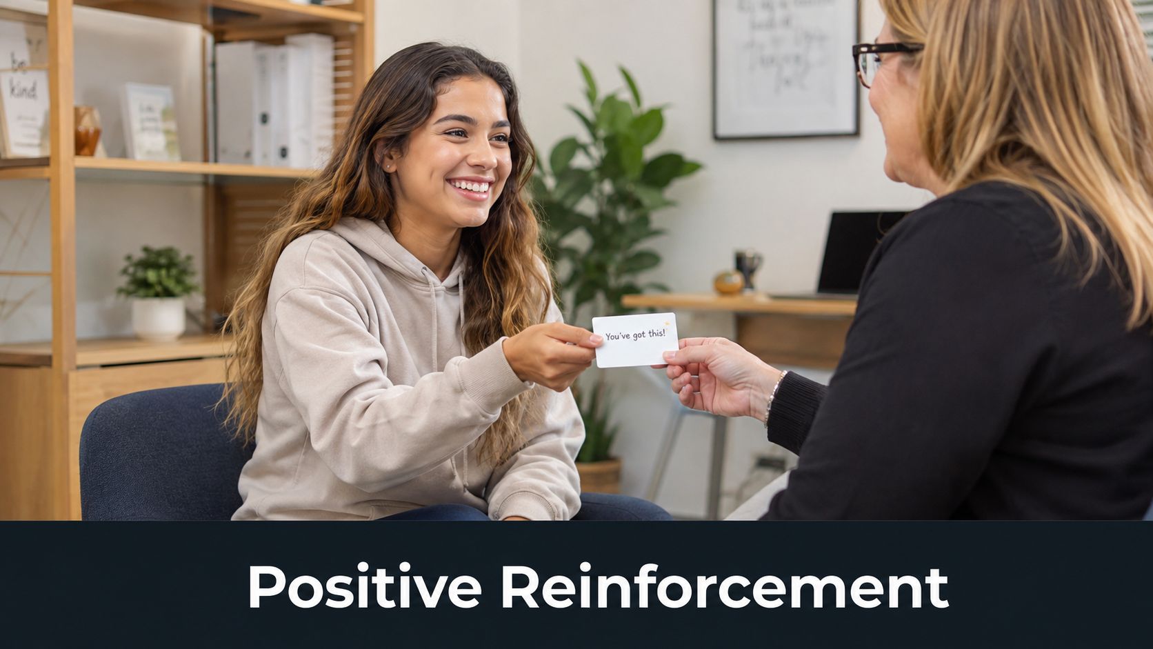 A therapist hands a young woman a card with positive reinforcement written as You've got this.