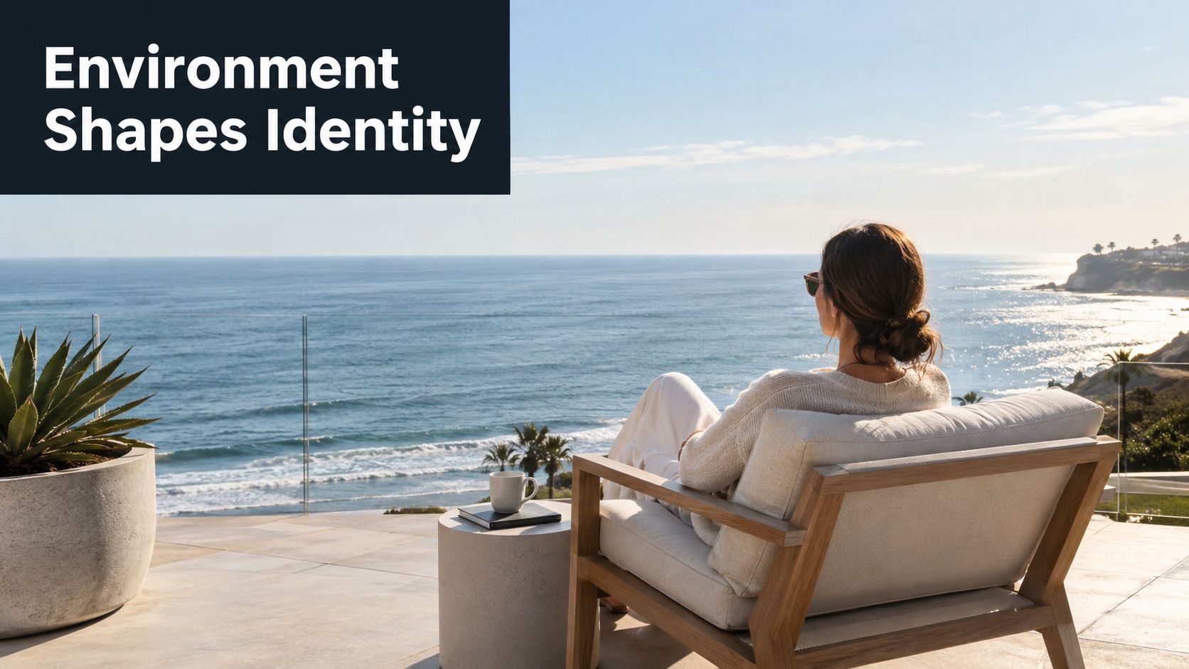 A woman sits in a wooden lounge chair on a balcony overlooking the calm blue ocean.