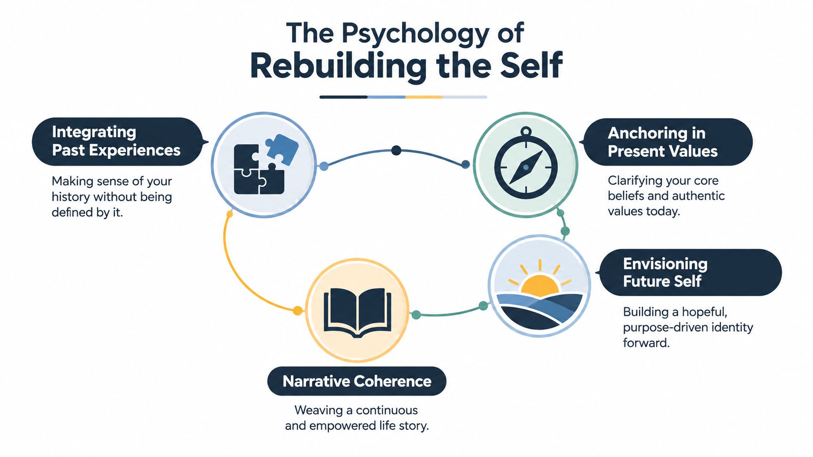 A diagram titled The Psychology of Rebuilding the Self featuring steps for personal growth and identity.