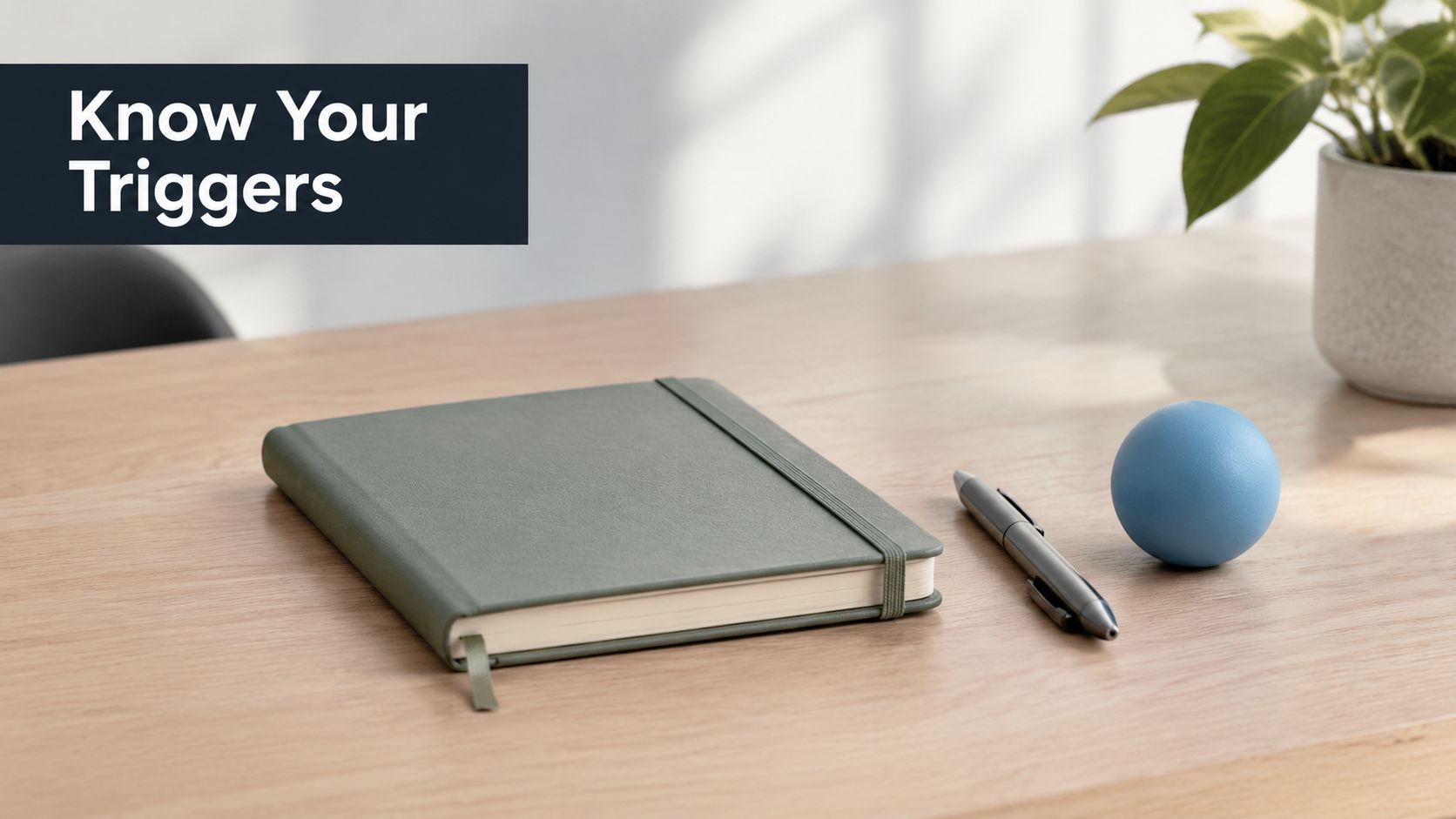A gray notebook, a pen, and a blue stress ball sit on a wooden desk near a plant.