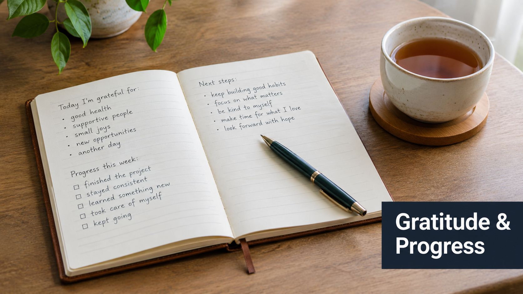 An open notebook on a wooden desk with a tea cup and pen showing gratitude and progress lists.