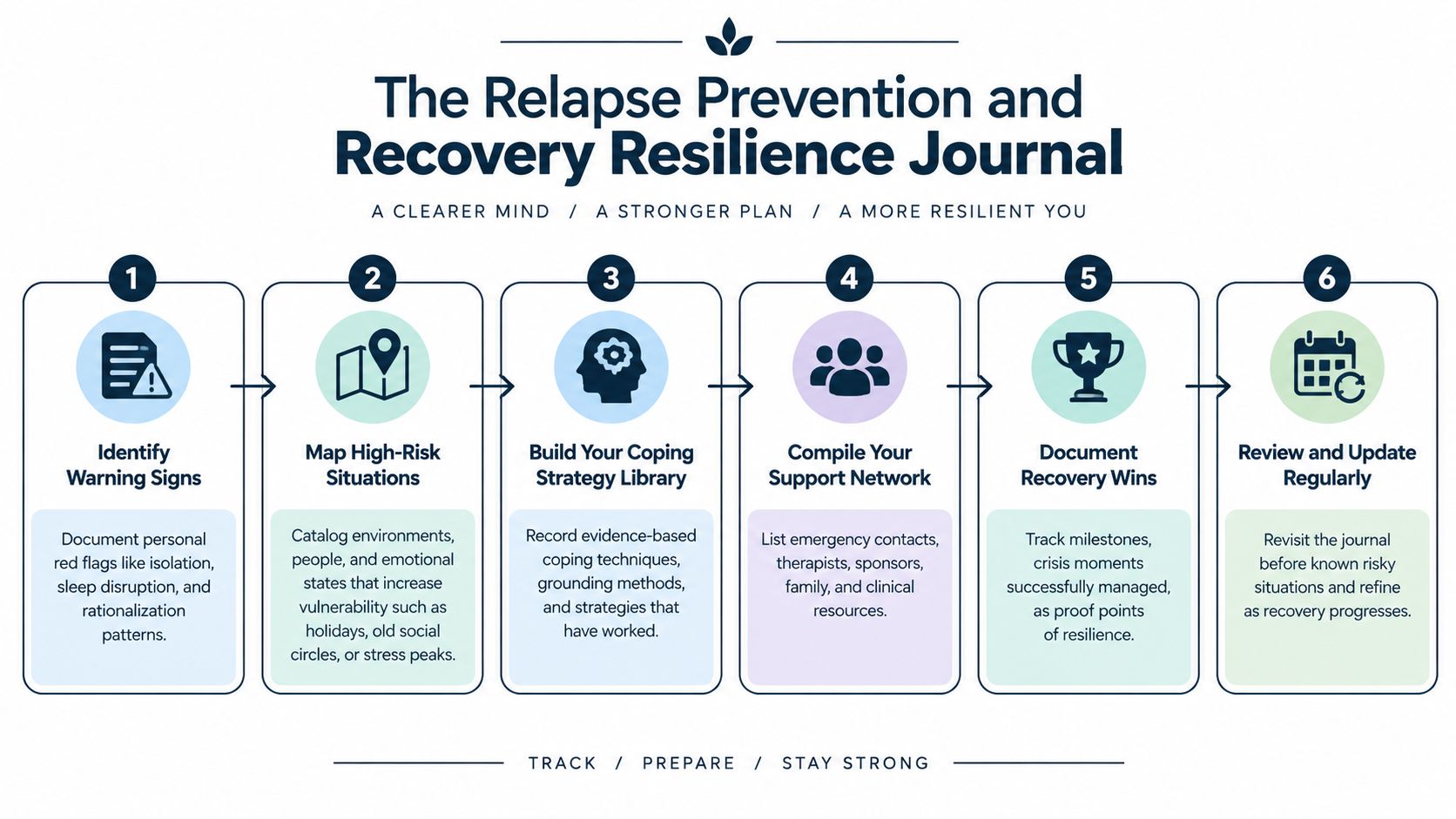 A six-step infographic detailing a structured relapse prevention and recovery resilience journaling process for improved mental health.