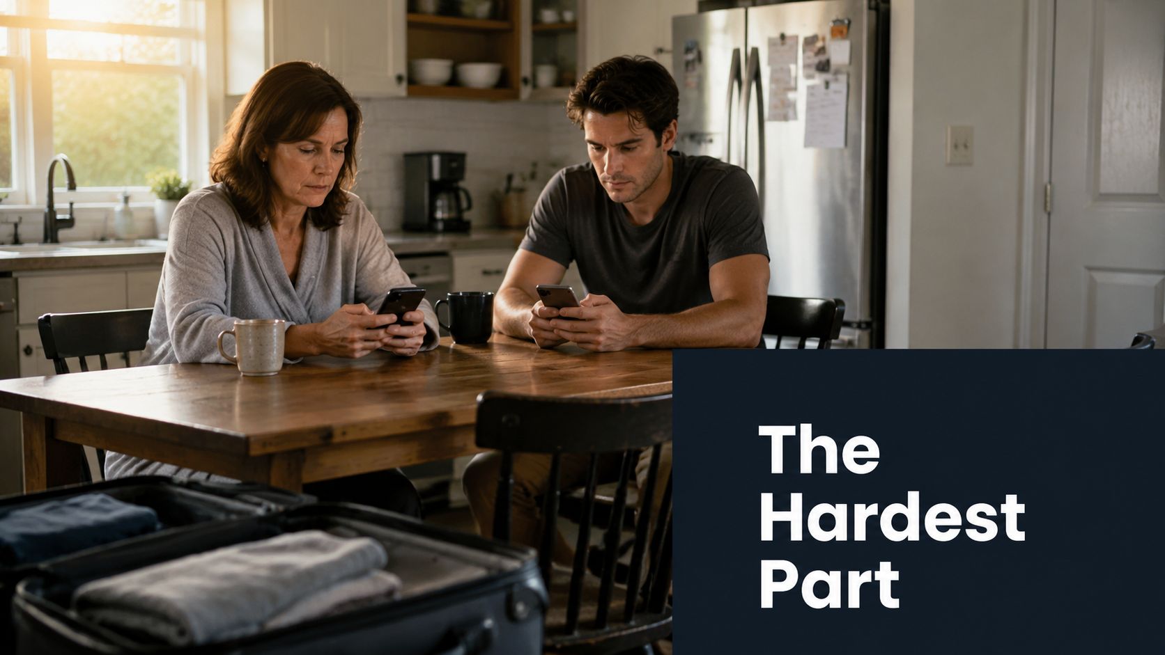 A man and woman sitting at a kitchen table looking at their phones near a packed suitcase.