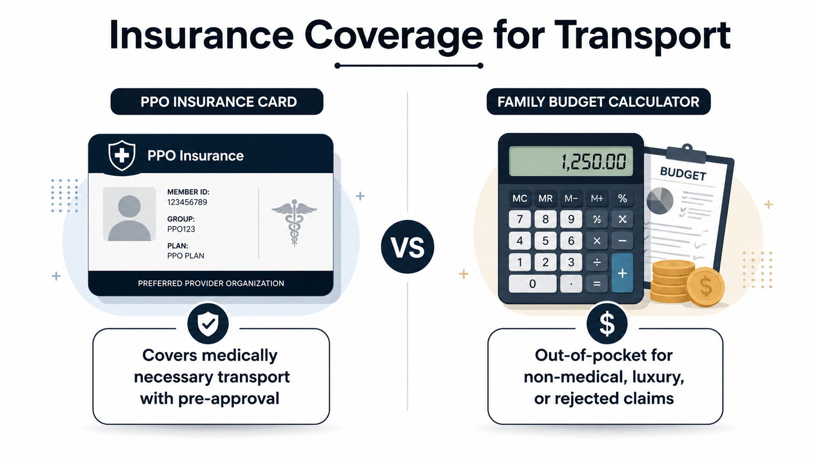 An infographic comparing insurance-covered medical transport versus out-of-pocket costs using a calculator and an insurance card.