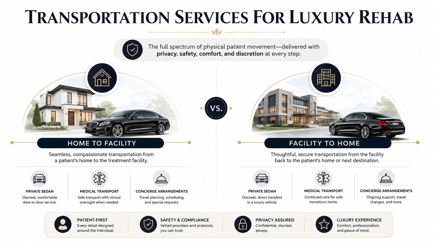 A professional infographic illustrating luxury transportation services for patients moving between their homes and treatment facilities.
